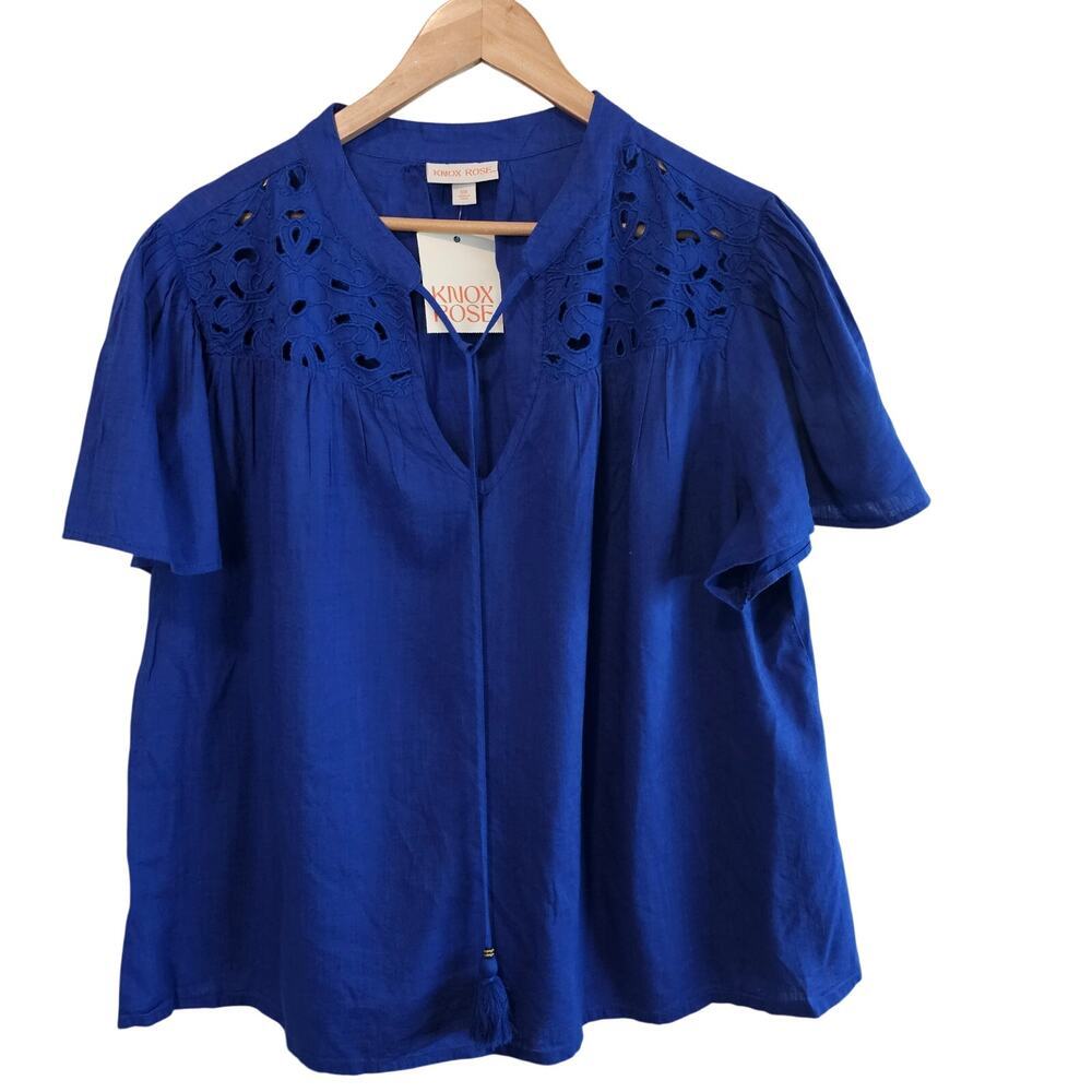 Knox Rose Peasant Blouse Womens XXL Blue Boho Tassel Fairy Cottage Festival